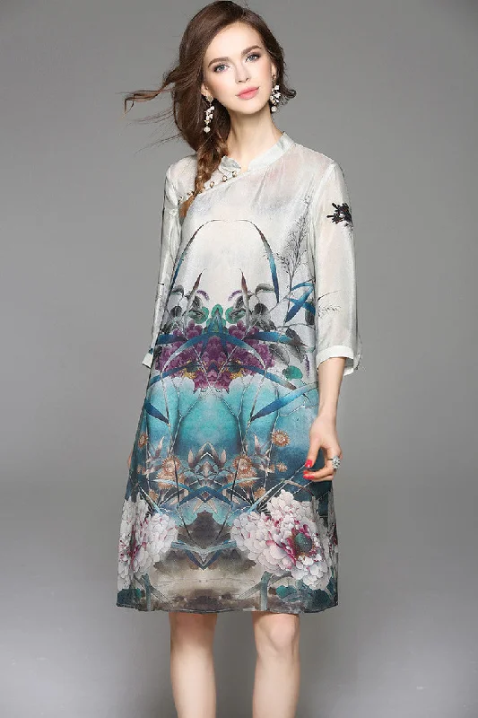 elegant dressFloral Print Slit Silk Midi Dress