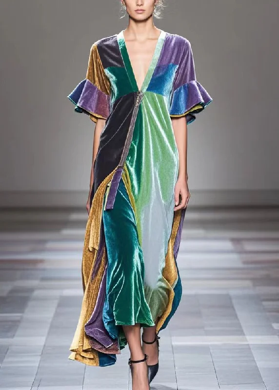 Limited Time Offer fitted cocktail dressWomen Colorblock V Neck Patchwork Silk Velvet Holiday Dress Flare Sleeve Limited Time Offer fitted cocktail dressWomen Colorblock V Neck Patchwork Silk Velvet Holiday Dress Flare Sleeve
