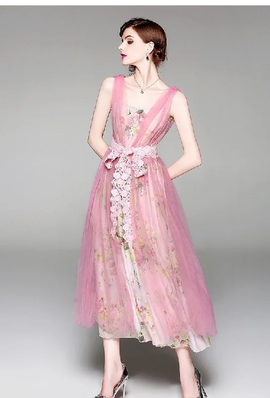 Grand Opening Sale pleated dressChiffon Dress W/ Mesh Overlay