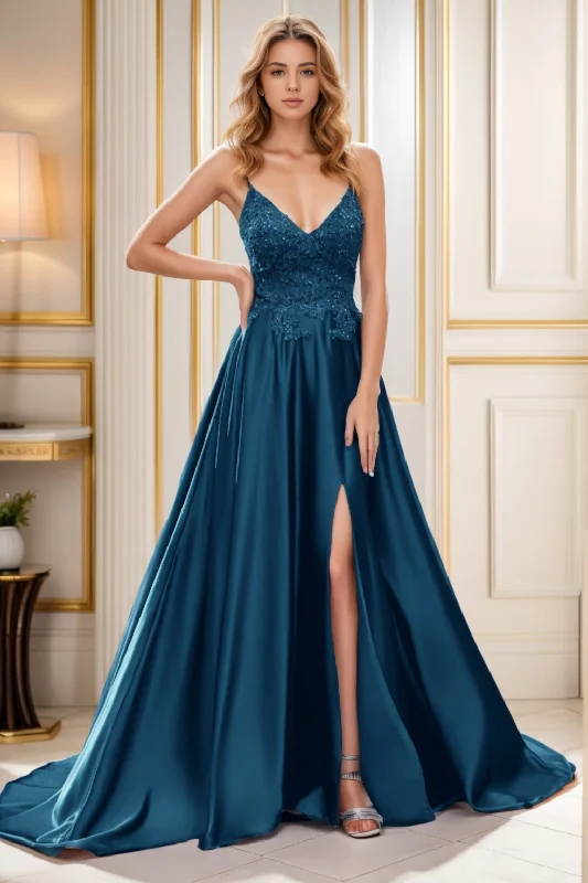 Super Bargain high-waisted dressA-Line Court Train Satin Prom Dress CS0460CR