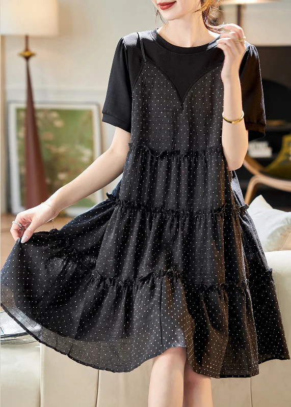 Instant Discount trendy dressUnique Black O-Neck Patchwork Dot Print Fake Two Pieces Chiffon Mid Dresses Summer
