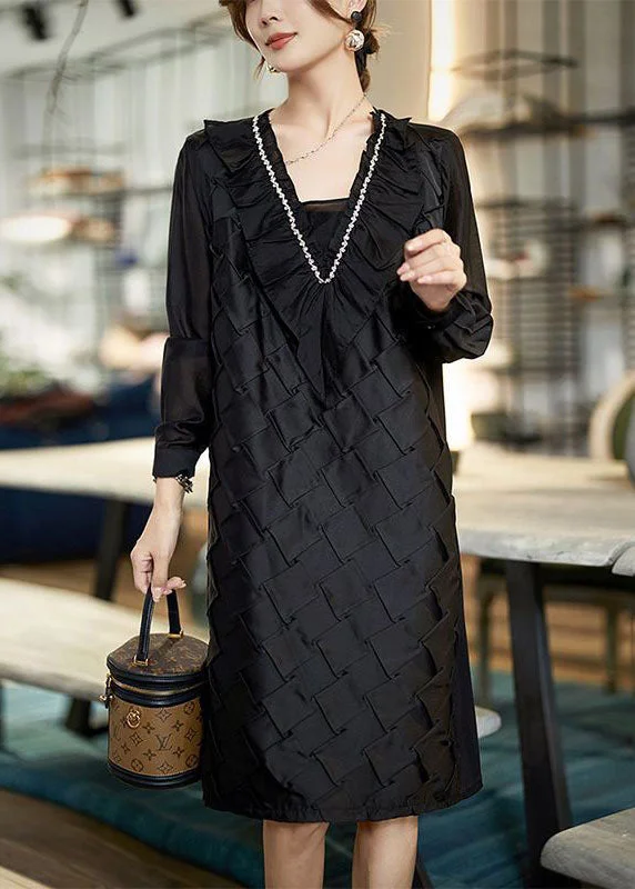 sophisticated dressHandmade Black Ruffled Zircon Patchwork Cotton Mid Dress Spring