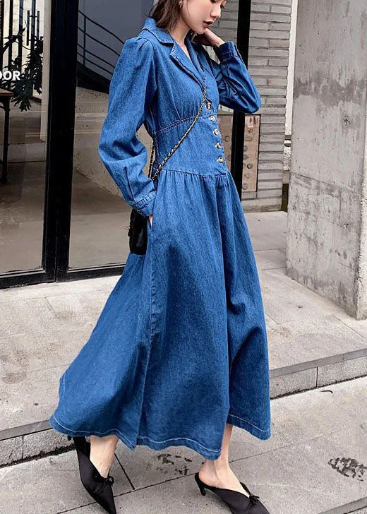 Overstock Sale chic slip dressStylish Denim Blue Cinched Patchwork Elastic Waist Long Dresses Spring