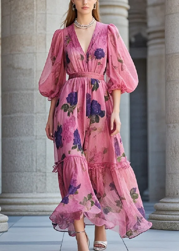 The Best Prices bohemian dressFashion Rose Cinched Print Chiffon Robe Dresses Summer