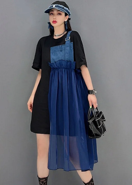 Holiday Sale draped dressBlue asymmetrical Denim Tulle Patchwork Dresses Short Sleeve