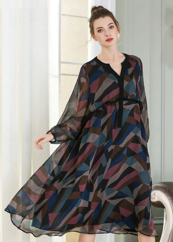 chic shift dressFrench V Neck Ruffled Patchwork Print Chiffon Maxi Dress Spring