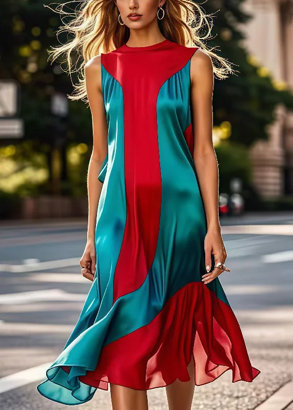Lowest Price v-neck dressDIY Colorblock Silm Fit Patchwork Silk Long Dresses Sleeveless