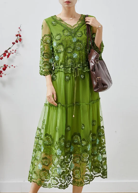 Weekend Flash Sale formal dressWomen Green Embroidered Tulle Cinched Dress Summer