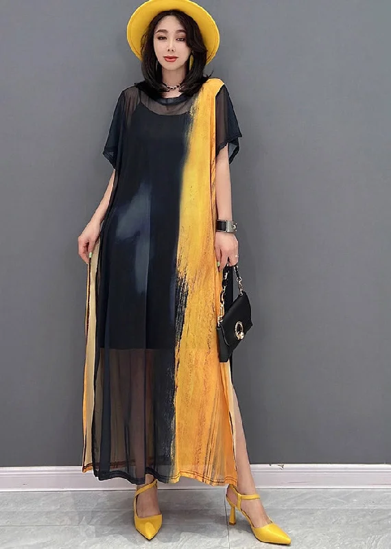 New Deals wrap-around dressDIY Yellow O-Neck Smeared Tulle Ankle Dress Short Sleeve