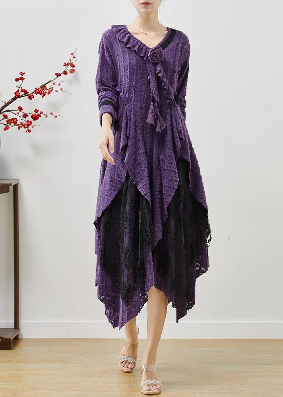 Price Cut sleek dressElegant Lavender Asymmetrical Floral Cotton Long Dresses Fall