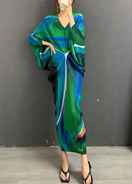 Value Deals chic slip dressGreen V Neck Print Wrinkled Silk Dresses Long Sleeve
