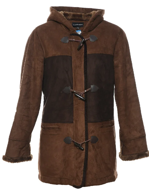 Clearance Items fashion-forward coatHooded Brown Contrast Panel Faux Shearling Lined Jacket - M Clearance Items fashion-forward coatHooded Brown Contrast Panel Faux Shearling Lined Jacket - M