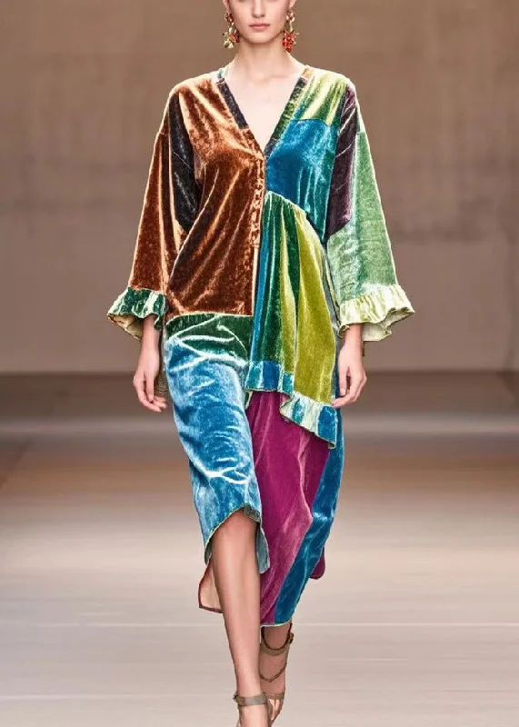 Take Advantage trendy mini dressItalian Multicolor Asymmetrical Patchwork Silk Velvet Day Dress Fall Take Advantage trendy mini dressItalian Multicolor Asymmetrical Patchwork Silk Velvet Day Dress Fall