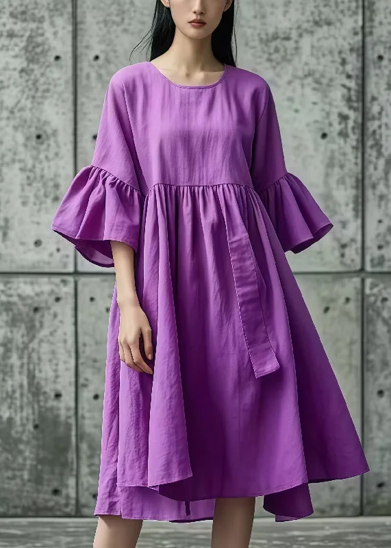Act Now wool dressElegant Purple Oversized Cotton Day Dress Flare Sleeve