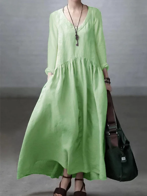 Act Now velvet dressLight green Simple and Loose V-neck Cotton and Linen Dress