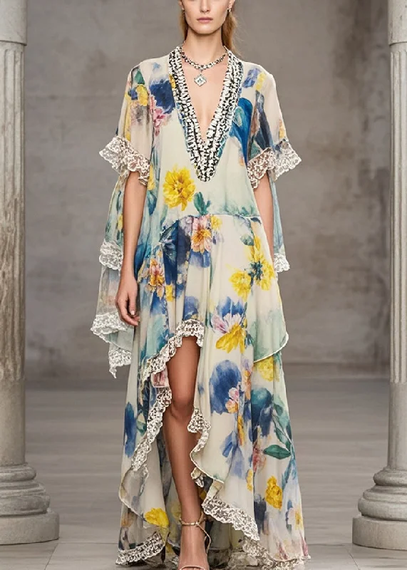 Online Only formal dressBoutique Asymmetrical Lace Patchwork Print Chiffon Dresses Summer