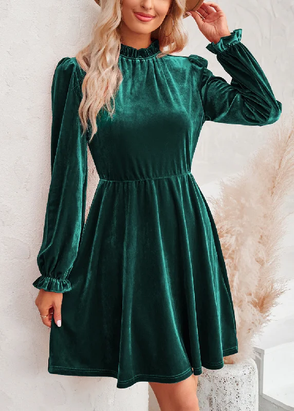 layered dressChic Blackish Green Ruffled Patchwork Velvet Mid Dress Fall