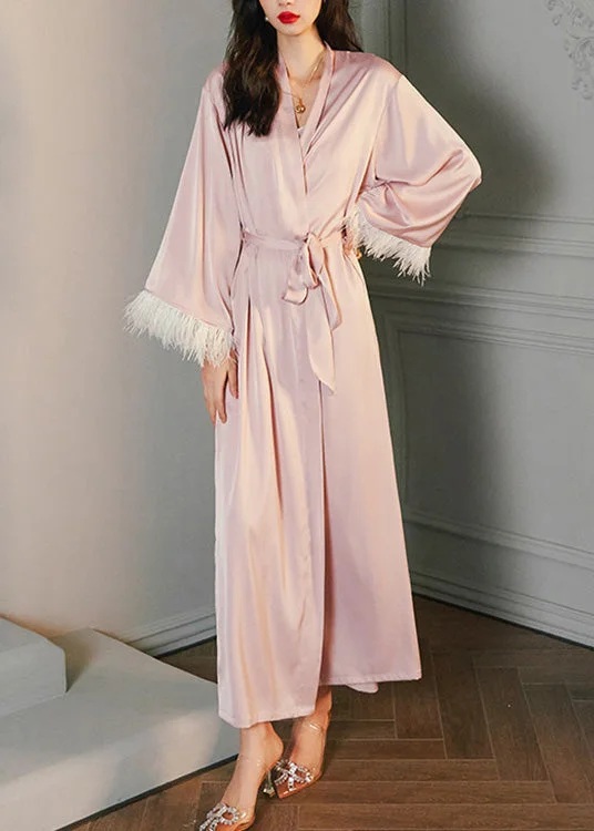 While Supplies Last stylish dressCute Pink V Neck Tie Waist Ice Silk Robe Spring