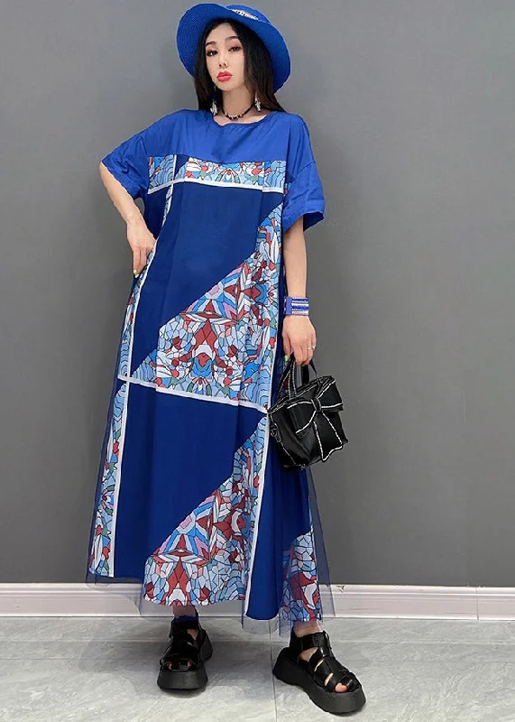 Steals and Deals trendy bodycon dressPlus Size Blue O-Neck Print Tulle Patchwork Dresses Short Sleeve