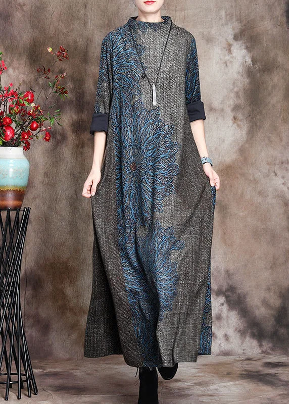 casual midi dressLoose Grey Half Hign Neck Print Cashmere Long Dress Spring