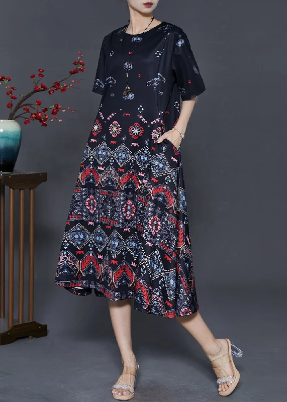 comfy dressElegant Black Print Exra Large Hem Silk Dresses Summer