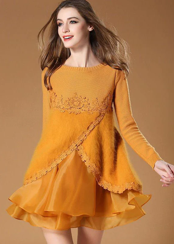 puff sleeve dressElegant Yellow Side Open Organza Patchwork Fuzzy Fur Fluffy Mini Dresses Spring