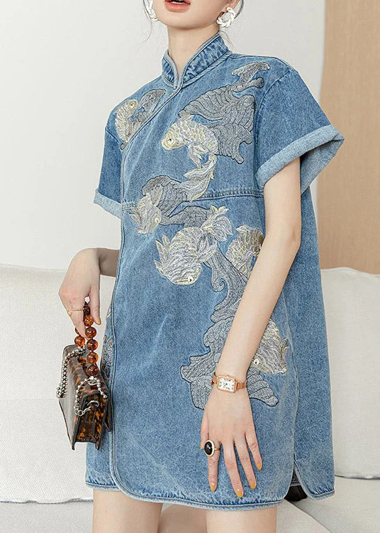 chic dressUnique Blue Stand Collar Embroideried Floral Side Open Button Cotton Denim Mid Dress Short Sleeve