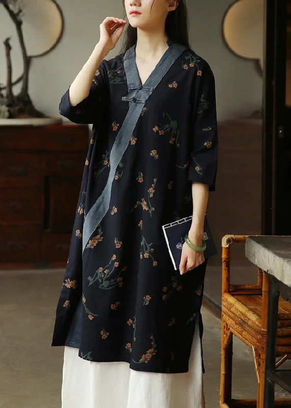 draped dressVintage Navy V Neck Print Patchwork Cotton Dress Half Sleeve