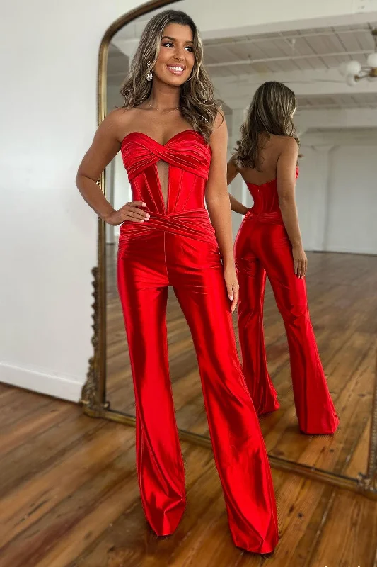 Massive Deals Stylish Red Sweetheart Zipper Back Long Satin Prom Jumpsuit