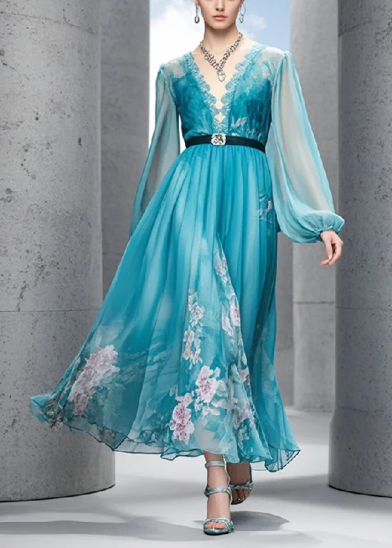 Can't Miss off-shoulder dressFrench Blue Cinched Print Chiffon Maxi Dresses Fall