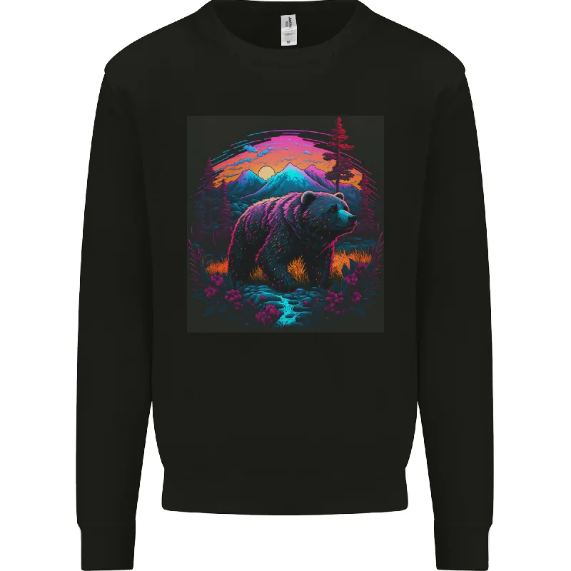 Quick Sale loose fit sports sweatshirtA Grizzly Bear in a Retro Wilderness Mens Sweatshirt Jumper