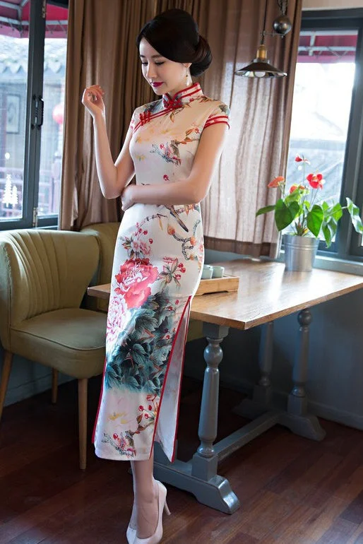 romantic dressFloral Print Long Qipao Dress