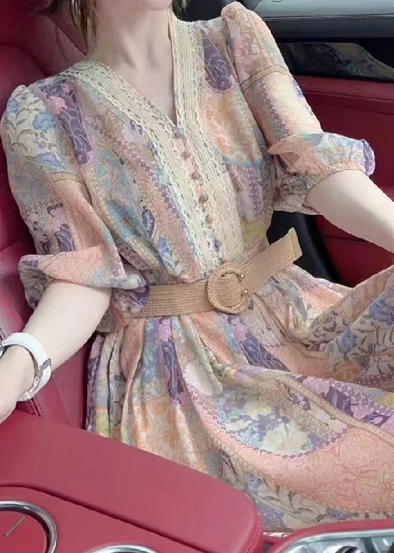 Shop and Save evening dressChic V Neck Print Sashes Mid Dress Half Sleeve
