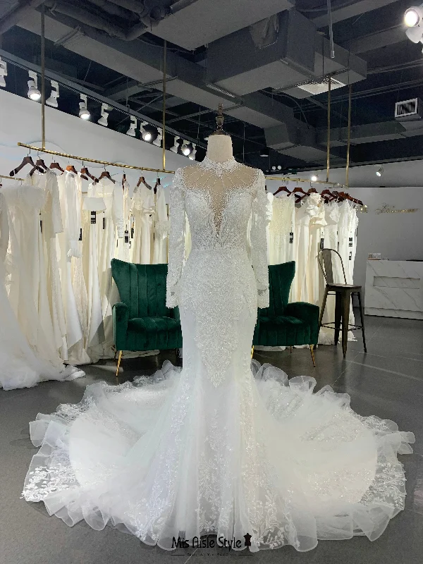 Discount Deals summer dressHigh Neck Sparkle Beaded Fit and Flare Long Sleeve Wedding Dress