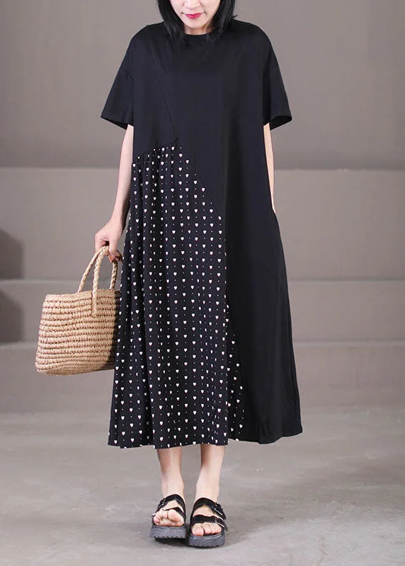 Great Deals chic slip dressPlus Size Black Asymmetrical Patchwork Wrinkled Print Cotton Maxi Dress Short Sleeve