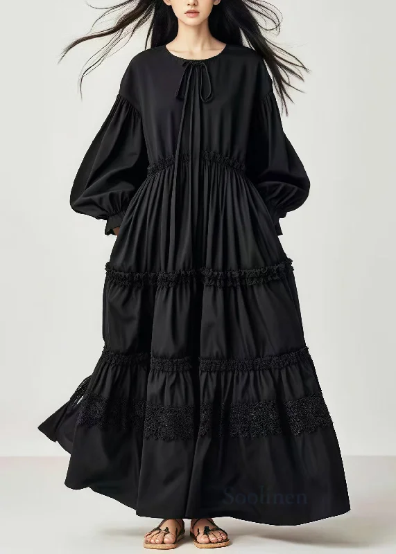 Buy Now winter dressStylish Black Oversized Cotton Long Dresses Lantern Sleeve
