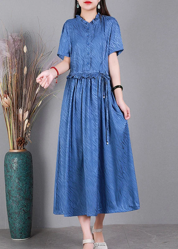 Blowout Sale knit dressBlue Ruffled Tie Waist Silk Long Dress Short Sleeve