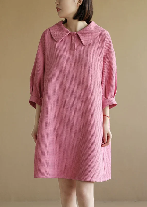 party-ready dressCasual Solid Pink Peter Pan Collar Plaid Cotton A Line Dresses Bracelet Sleeve