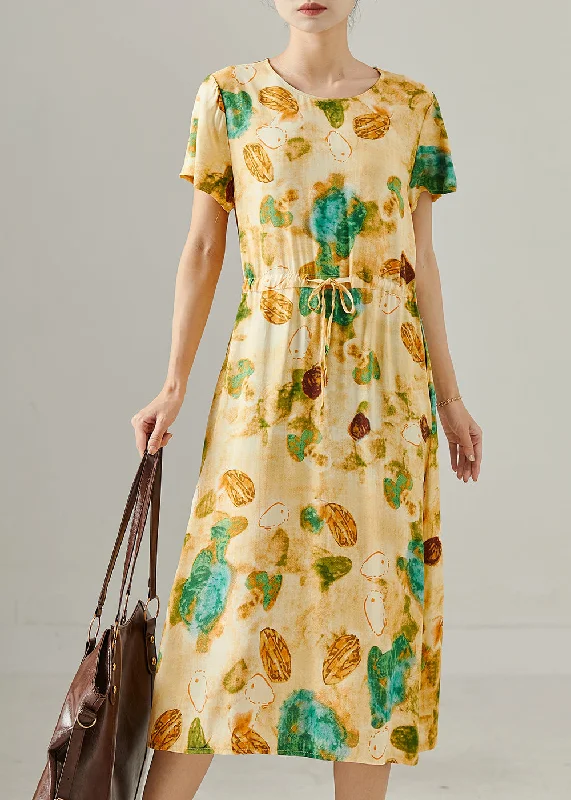 Year-End Sale trendy dressClassy Yellow Cinched Print Cotton Long Dress Summer