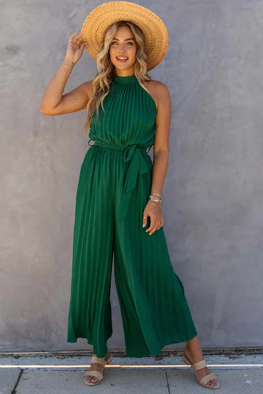 Amazing Deals Green Halter Neck Pleated Wide Leg Jumpsuit with Belt