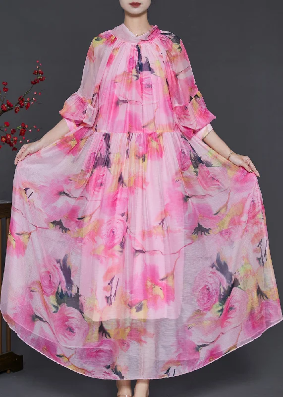 Super Deal pleated dressUnique Pink Turtle Neck Print Chiffon Dress Lantern Sleeve
