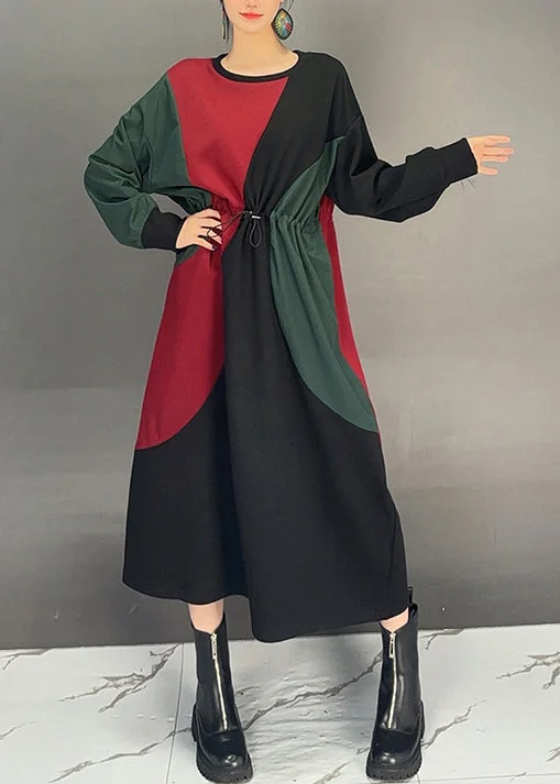 Unmissable Offer long-sleeve floral dressFashion Colorblock O Neck Drawstring Cotton Dress Fall
