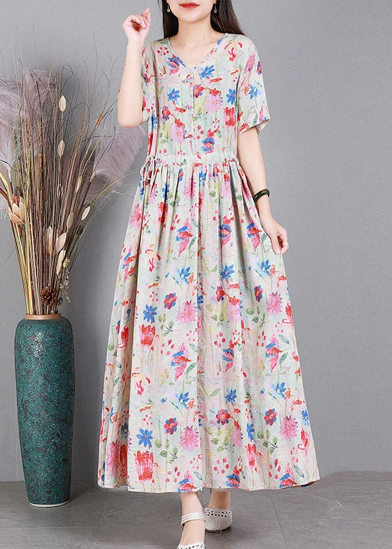 Instant Savings shift dressFloral Colour V Neck Print Wrinkled Linen Dress Short Sleeve