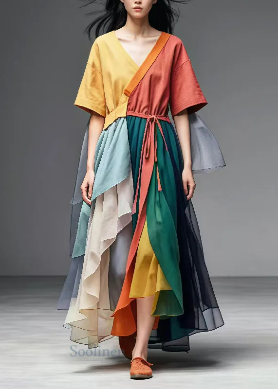 Blowout Deals casual evening dressColorblock Patchwork Tulle Ankle Dress V Neck Tie Waist Summer Blowout Deals casual evening dressColorblock Patchwork Tulle Ankle Dress V Neck Tie Waist Summer