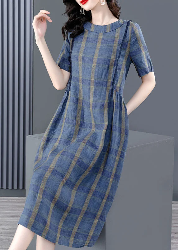 Special Promotion long-sleeve floral dressElegant Blue O-Neck Plaid Wrinkled Pockets Cotton Cinch Dress Short Sleeve