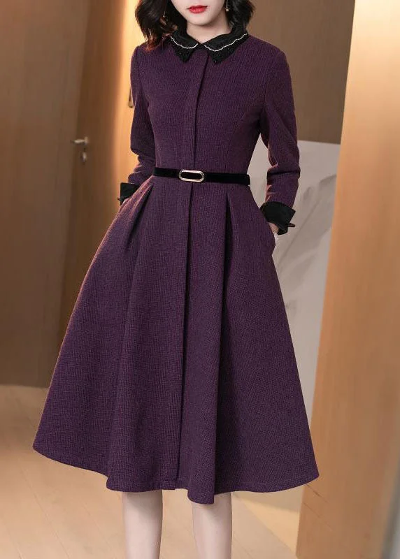 playful dressElegant Purple Peter Pan Collar Patchwork Cotton Cinch Dress Long Sleeve