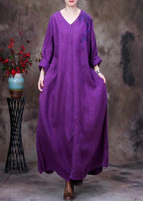 Price Buster casual slip dressDark Purple V Neck printing Floral Linen Dress Long Sleeve Price Buster casual slip dressDark Purple V Neck printing Floral Linen Dress Long Sleeve