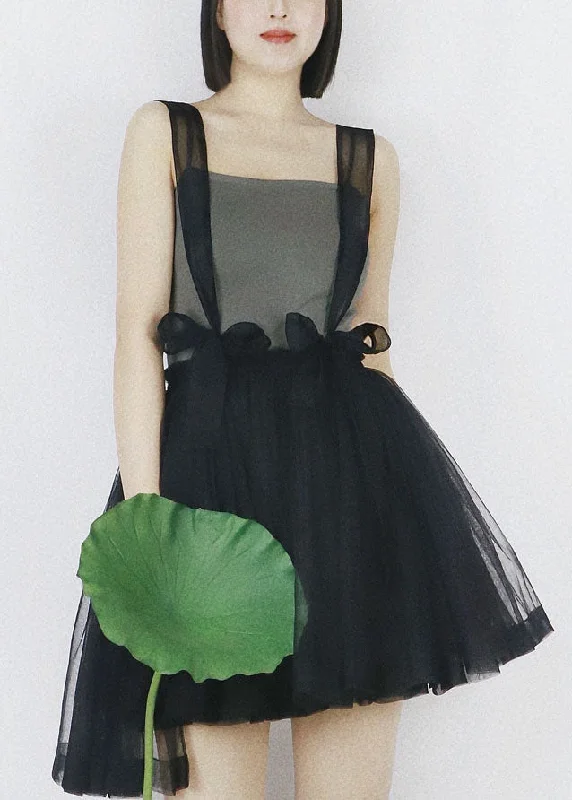 pleated maxi dressBlack Tulle Strap Short Dress Solid Color Elastic Waist Summer