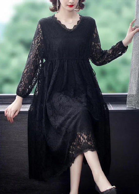 New Arrival relaxed fit dressBeautiful Black V Neck Hollow Out Exra Large Hem Lace Maxi Dresses Spring
