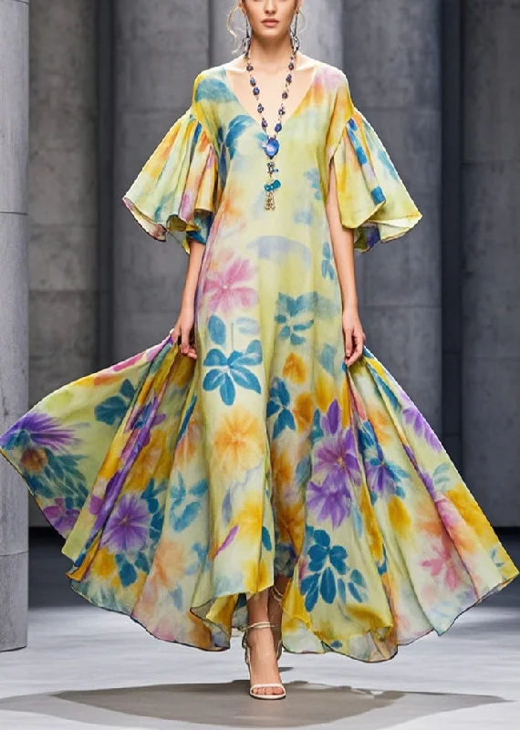 Can't Be Beat ruffle dressCasual Yellow Flower Print Chiffon Long Dresses Flare Sleeve